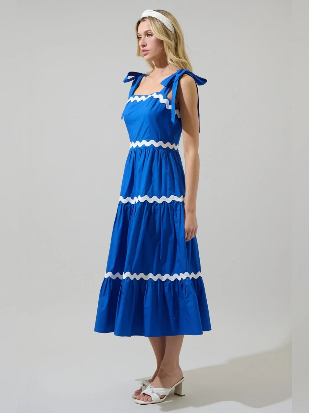 Sugarlips Edith Tiered Midi Dress MEDIUM Blue/White NEW WITH TAGS - Picture 3 of 10